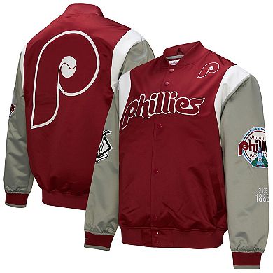 Men's Mitchell & Ness Burgundy/Gray Philadelphia Phillies Cooperstown Collection Team Origins Satin Full-Snap Jacket