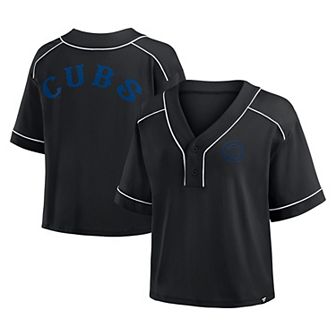 Women's Fanatics Black Chicago Cubs Oversized Champ Game Cropped V-Neck T-Shirt