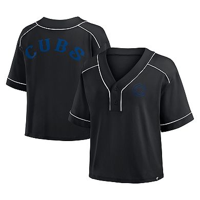 Women's Fanatics Black Chicago Cubs Oversized Champ Game Cropped V-Neck T-Shirt