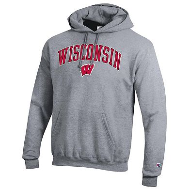 Men's Champion Heather Gray Wisconsin Badgers Arched Logo Fleece Pullover Hoodie