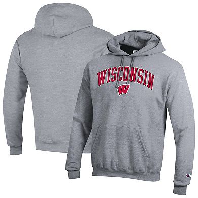 Men's Champion Heather Gray Wisconsin Badgers Arched Logo Fleece Pullover Hoodie