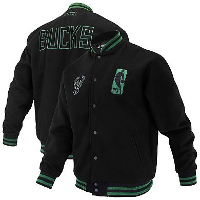 Unisex FISLL Black Milwaukee Bucks Logoman Shadow Collection Full-Snap Varsity Jacket