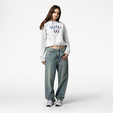 Women's Mitchell & Ness Heather Gray Atlanta Braves Cropped Toggle Pullover Sweatshirt