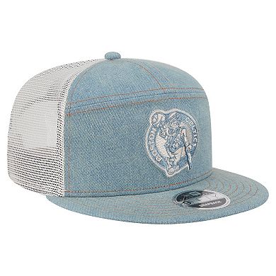 Men's New Era Boston Celtics Adventure Denim Split Panel 9FIFTY Snapback Trucker Hat