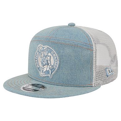 Men's New Era Boston Celtics Adventure Denim Split Panel 9FIFTY Snapback Trucker Hat