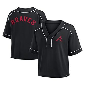 Women's Fanatics Black Atlanta Braves Oversized Champ Game Cropped V-Neck T-Shirt