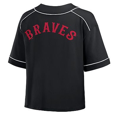 Women's Fanatics Black Atlanta Braves Oversized Champ Game Cropped V-Neck T-Shirt