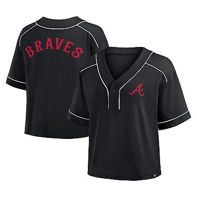 Women's Fanatics Black Atlanta Braves Oversized Champ Game Cropped V-Neck T-Shirt