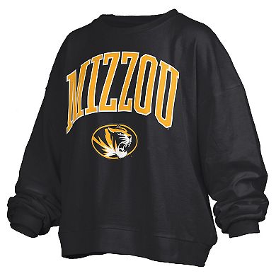 Women's Pressbox Black Missouri Tigers Janise Arch Over Logo Waist Length Oversized Pullover Sweatshirt