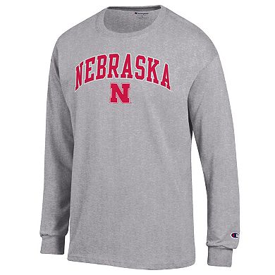 Men's Champion Heather Gray Nebraska Huskers Arch Over Logo Long Sleeve T-Shirt