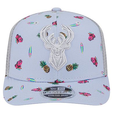 Men's New Era Light Blue/Gray Milwaukee Bucks Adventure Aloha Pattern 9SEVENTY Stretch-Snap Hat