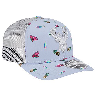 Men's New Era Light Blue/Gray Milwaukee Bucks Adventure Aloha Pattern 9SEVENTY Stretch-Snap Hat