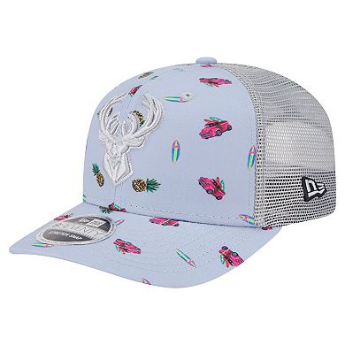 Men's New Era Light Blue/Gray Milwaukee Bucks Adventure Aloha Pattern 9SEVENTY Stretch-Snap Hat