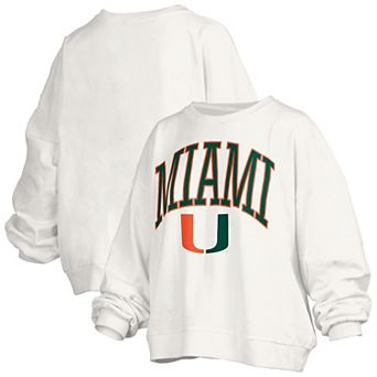 Women's Pressbox White Miami Hurricanes Janise Arch Over Logo Waist Length Oversized Pullover Sweatshirt