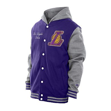 Men's�New Era Purple Los Angeles Lakers Throwback Prep Chenille Full-Snap Hooded Varsity Jacket