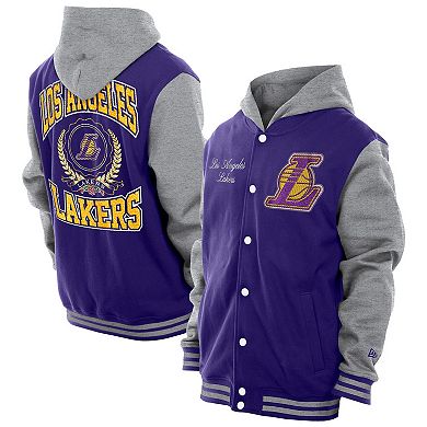 Men's�New Era Purple Los Angeles Lakers Throwback Prep Chenille Full-Snap Hooded Varsity Jacket