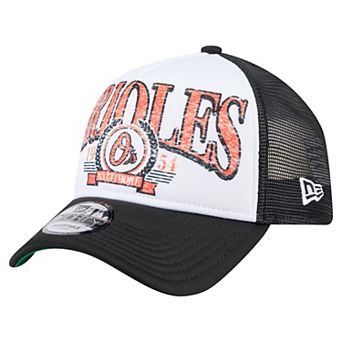 Men's New Era Black Baltimore Orioles Distressed 9FORTY A-Frame Adjustable Trucker Hat