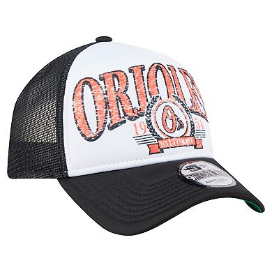 Men's New Era Black Baltimore Orioles Distressed 9FORTY A-Frame Adjustable Trucker Hat