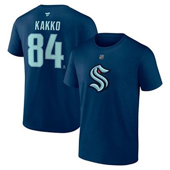 Men's Fanatics Kaapo Kakko Deep Sea Blue Seattle Kraken Authentic Stack Name & Number T-Shirt