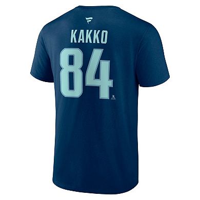 Men's Fanatics Kaapo Kakko Deep Sea Blue Seattle Kraken Authentic Stack Name & Number T-Shirt