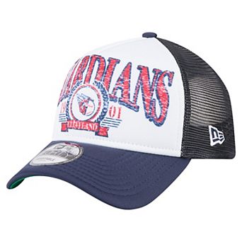 Men's New Era White/Navy Cleveland Guardians Distressed 9FORTY A-Frame Adjustable Trucker Hat