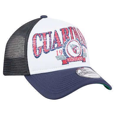 Men's New Era White/Navy Cleveland Guardians Distressed 9FORTY A-Frame Adjustable Trucker Hat
