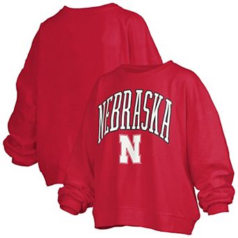 Women's Pressbox Scarlet Nebraska Huskers Janise Arch Over Logo Waist Length Oversized Pullover Sweatshirt