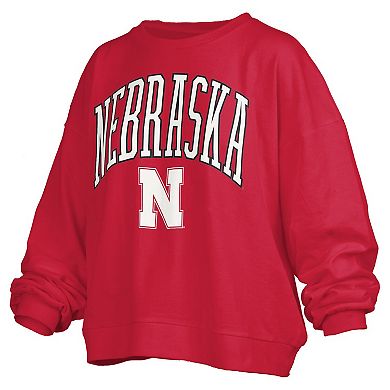 Women's Pressbox Scarlet Nebraska Huskers Janise Arch Over Logo Waist Length Oversized Pullover Sweatshirt