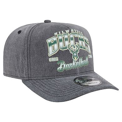 Men's New Era Charcoal Milwaukee Bucks Throwback Washed Pre-Curved 9FIFTY Snapback Hat