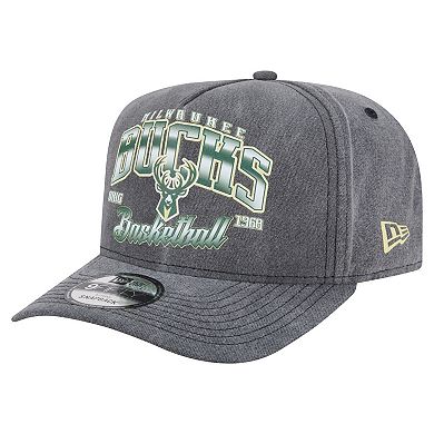 Men's New Era Charcoal Milwaukee Bucks Throwback Washed Pre-Curved 9FIFTY Snapback Hat