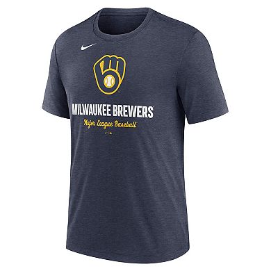 Men's Nike Heather Navy Milwaukee Brewers Logo Tri-Blend T-Shirt