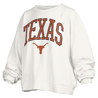 Women's Pressbox White Texas Longhorns Janise Arch Over Logo Waist Length Oversized Pullover Sweatshirt
