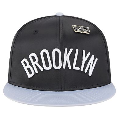 Men's New Era Black/Gray Brooklyn Nets Throwback Satin Vintage Pin Two-Tone 59FIFTY Fitted Hat