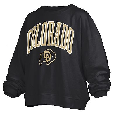 Women's Pressbox Black Colorado Buffaloes Janise Arch Over Logo Waist Length Oversized Pullover Sweatshirt