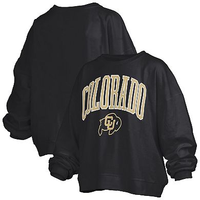Women's Pressbox Black Colorado Buffaloes Janise Arch Over Logo Waist Length Oversized Pullover Sweatshirt