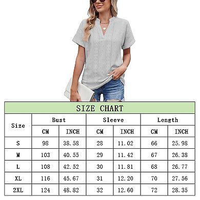 Women Short Sleeve V Neck Casual Loose Blouse Hollow Pure Color Tops for Outdoor