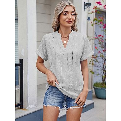 Women Short Sleeve V Neck Casual Loose Blouse Hollow Pure Color Tops for Outdoor