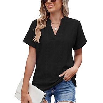 Women Short Sleeve V Neck Casual Loose Blouse Hollow Pure Color Tops for Outdoor