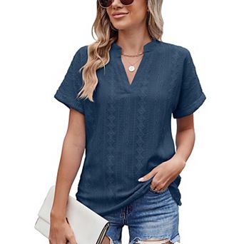 Women Short Sleeve V Neck Casual Loose Blouse Hollow Pure Color Tops for Outdoor
