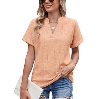 Women Short Sleeve V Neck Casual Loose Blouse Hollow Pure Color Tops for Outdoor