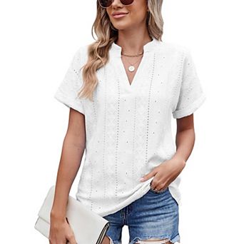 Women Short Sleeve V Neck Casual Loose Blouse Hollow Pure Color Tops for Outdoor