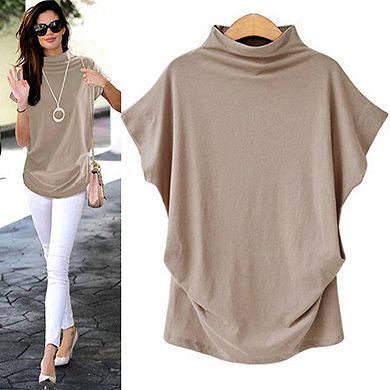 Women's Half Turtleneck Doll Sleeve T-Shirt Mock Neck Dolman Short Sleeve Top Loose Shirt