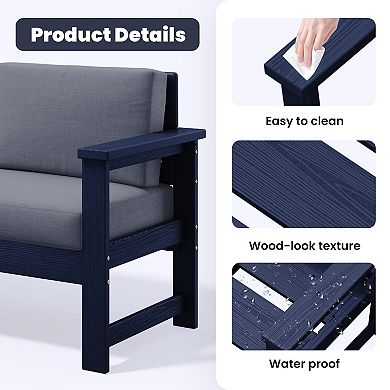 Outdoor Patio HDPE Loveseat and Table Set, Removable Cushions Included