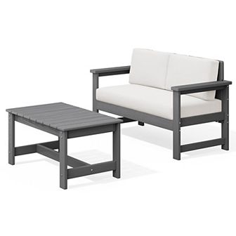 Outdoor Patio HDPE Loveseat and Table Set, Removable Cushions Included