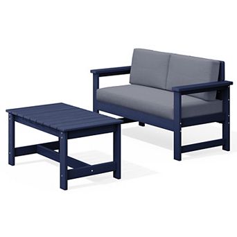 Outdoor Patio HDPE Loveseat and Table Set, Removable Cushions Included
