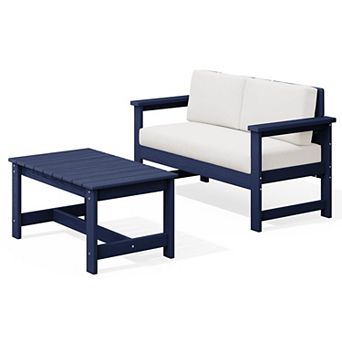 Outdoor Patio HDPE Loveseat and Table Set, Removable Cushions Included