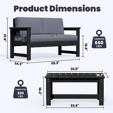Outdoor Patio HDPE Loveseat and Table Set, Removable Cushions Included