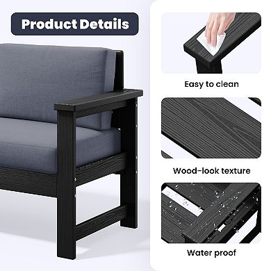 Outdoor Patio HDPE Loveseat and Table Set, Removable Cushions Included