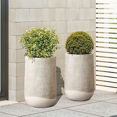 LuxenHome Wood‑Look Textured MgO Planter, Beige Decorative Garden Pot, Indoor and Outdoor