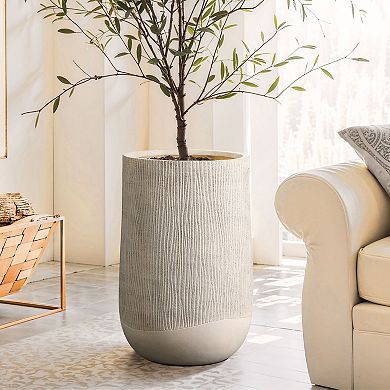 LuxenHome Wood‑Look Textured MgO Planter, Beige Decorative Garden Pot, Indoor and Outdoor
